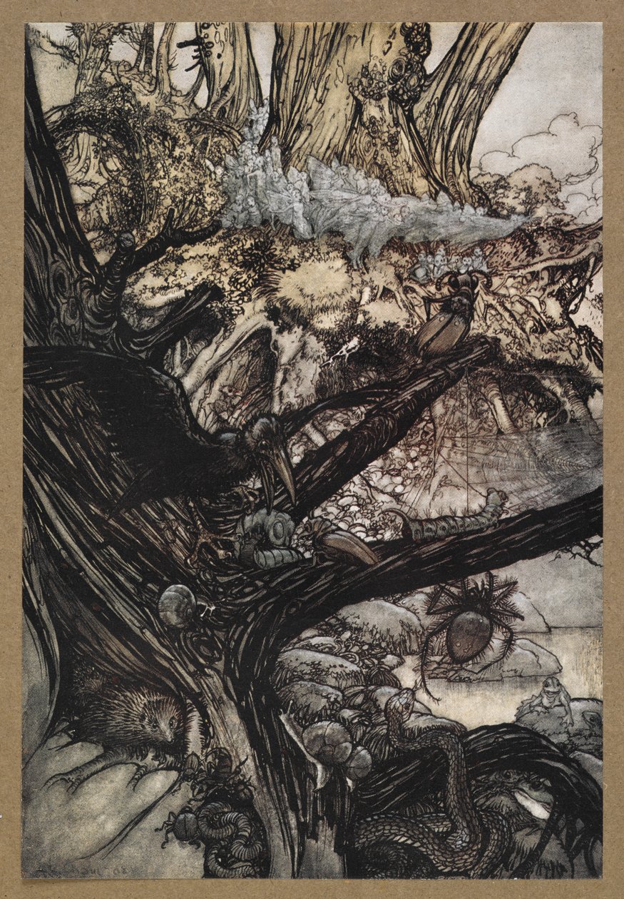 Soha ne bánts, se varázsolj, se bűvöletet, jöjj közel kedves hölgyünk. Jelenet a Szentivánéji álomból. alkotó: Arthur Rackham