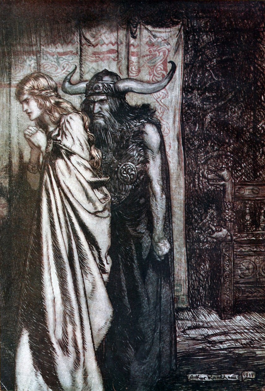 Ó, feleség elárulta, bosszút fogok állni, hogy megtévesztettek! Illusztráció Siegfriedhez és Az alkonyat t alkotó: Arthur Rackham