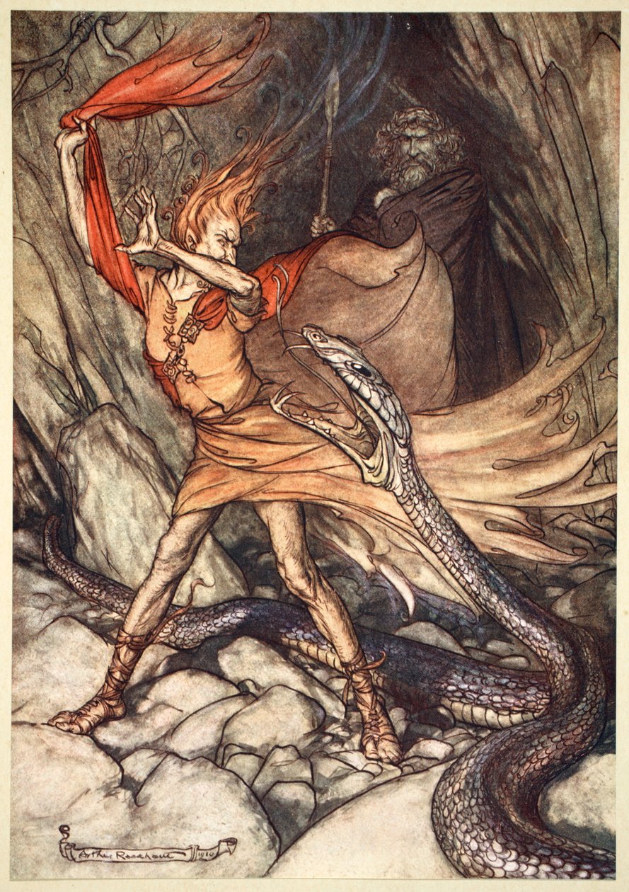 – Ó! Ó! Szörnyű sárkány, ne nyelj le! Kíméld meg szegény Loge életét!”, 1910. alkotó: Arthur Rackham