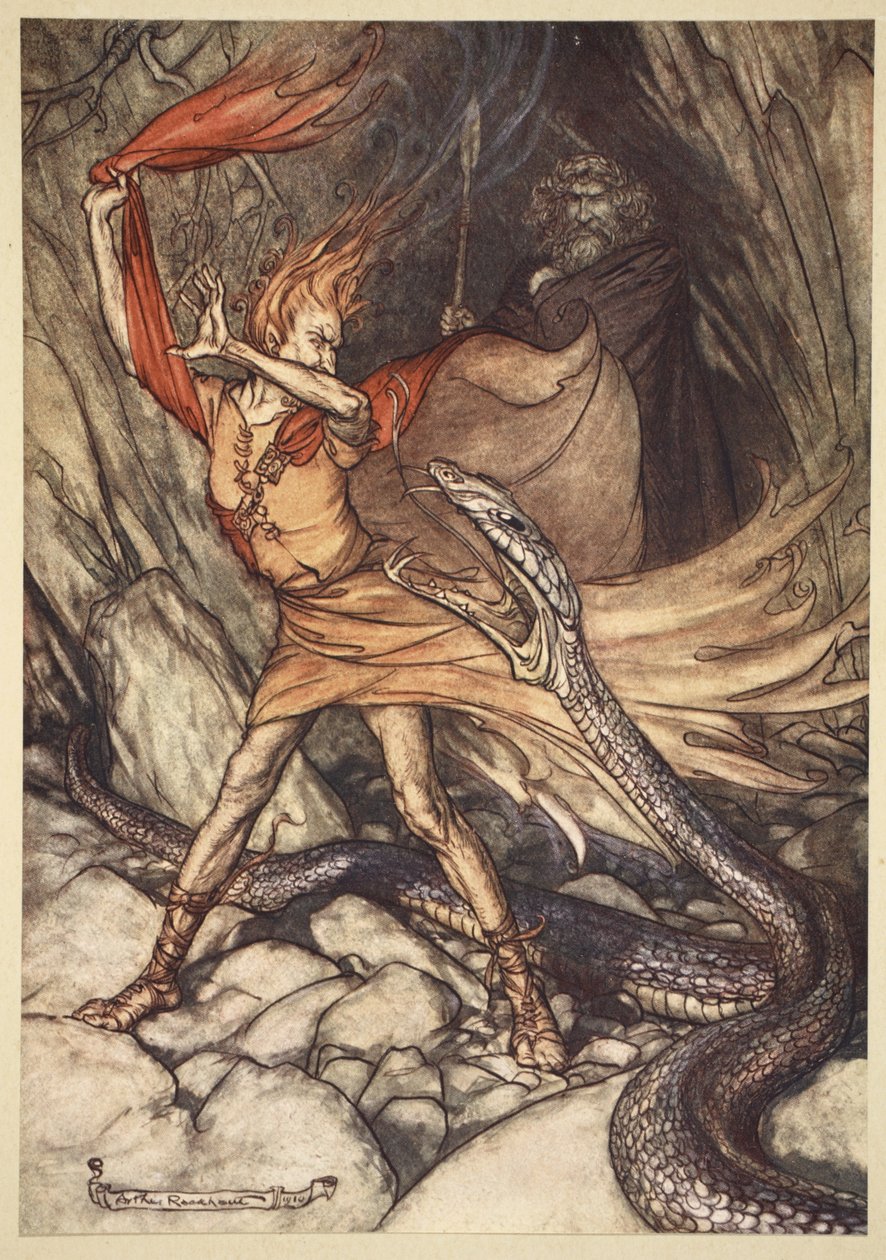 – Ó! Ó! Szörnyű sárkány, ne nyelj le! Kíméld meg szegény Loge életét!”, illusztráció a „The Rhinegold and the Valkyrie” című filmből, 1910 alkotó: Arthur Rackham