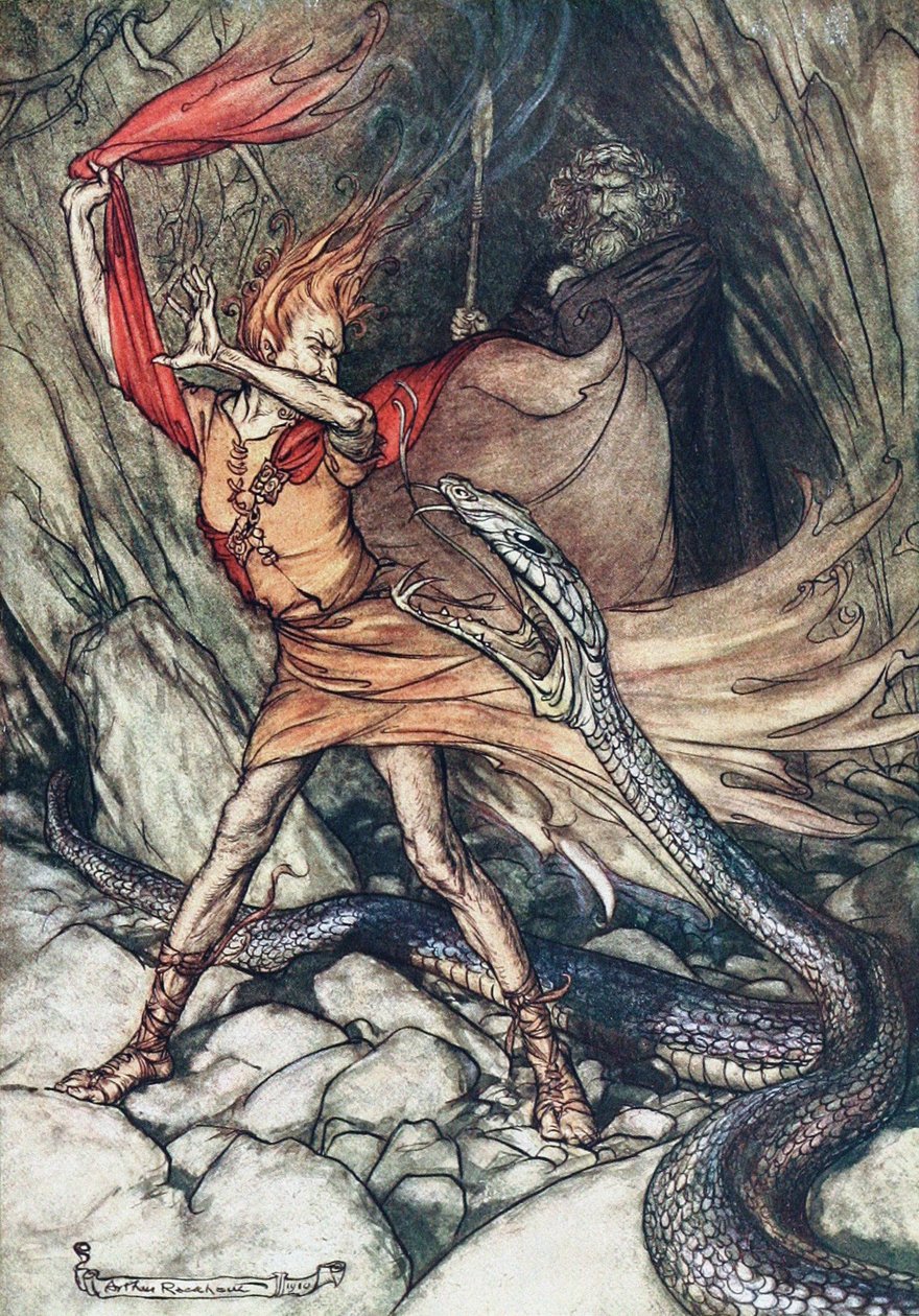 Ó! Ó! Szörnyű sárkány, ó, ne nyelj le! Illusztráció a The Rhinegold és a Valkyrie számára alkotó: Arthur Rackham