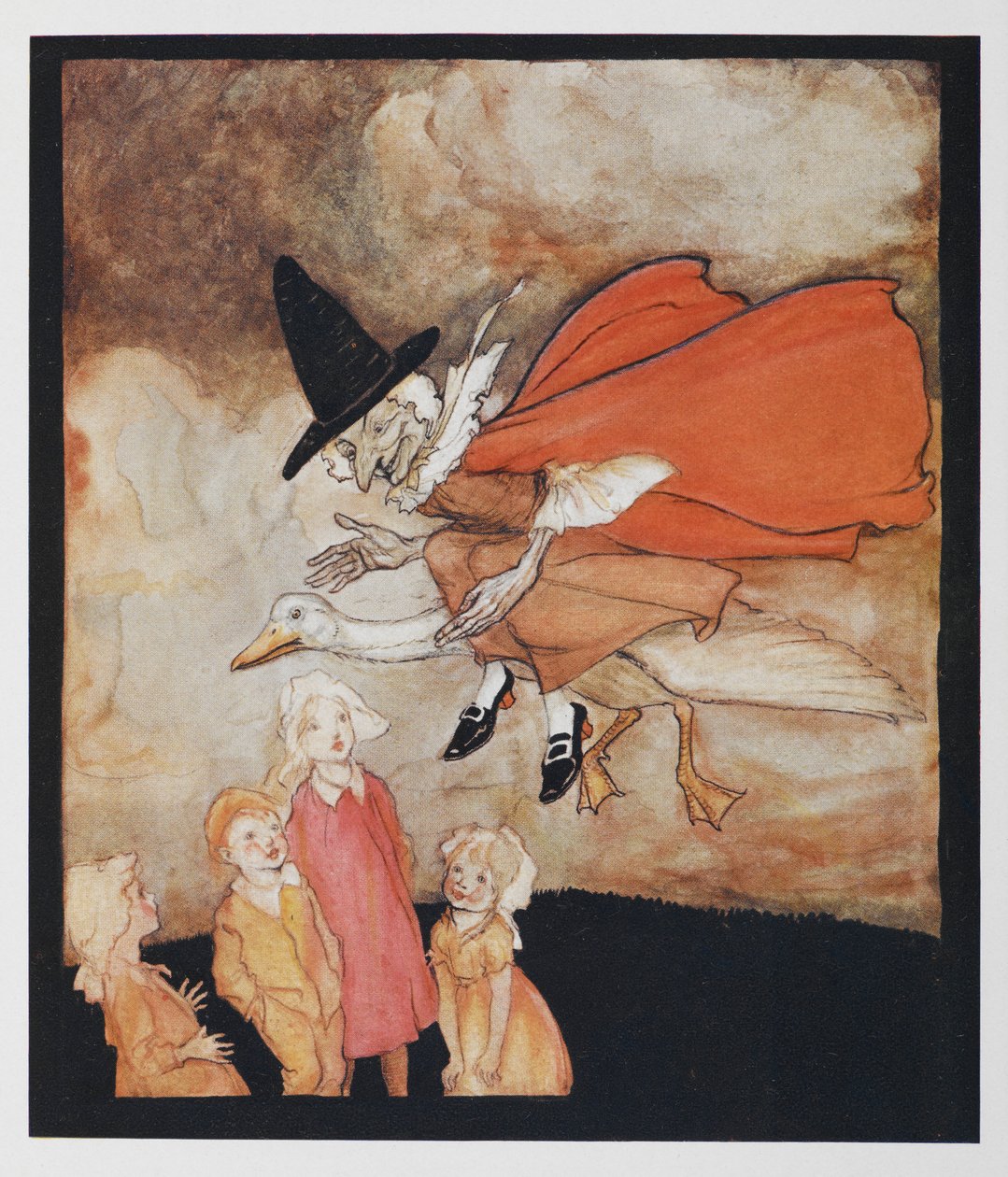 Öreg anya liba, néhány gyerek felett repül piros köpenyben és fekete kalapban. alkotó: Arthur Rackham