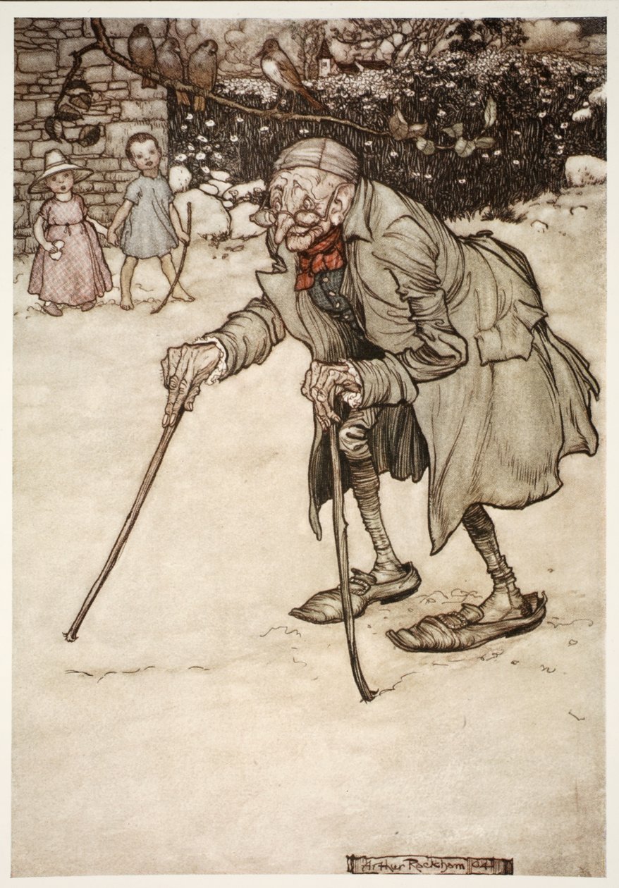 Öreg ember két bottal, Rip Van Winkle-től Washington Irvingtől, kocsma. 1910 alkotó: Arthur Rackham