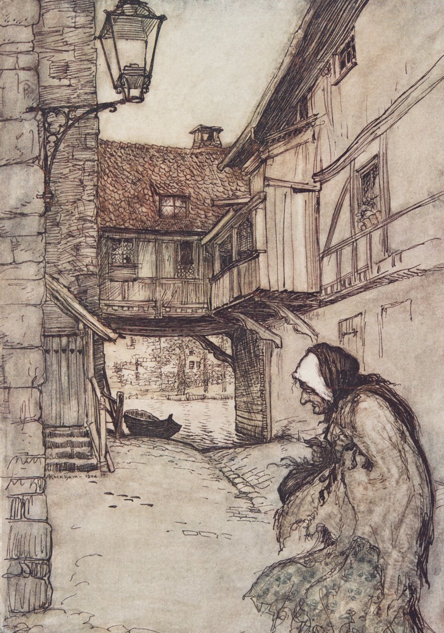 Élt egyszer egy szegény öregasszony egy faluban, a Grimm testvérek meséi kocsmából. 1909 alkotó: Arthur Rackham