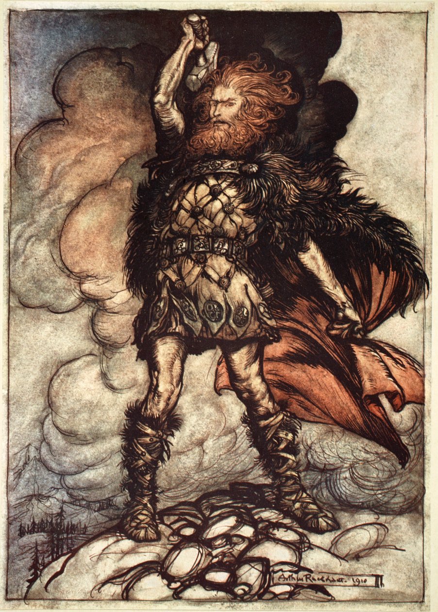 „Az egyik isten, Donner, megidézi a ködöt”, 1910. alkotó: Arthur Rackham