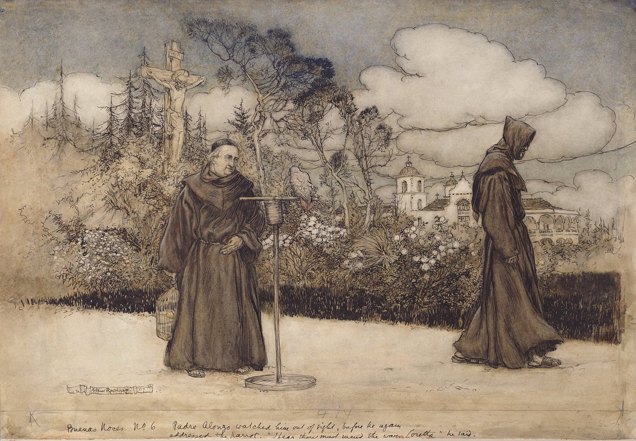 Padre Alonzo szem elől nézte, illusztrációja Eleanor Gates Good Night című művéből, 1907 (toll, tinta és WC papíron) alkotó: Arthur Rackham