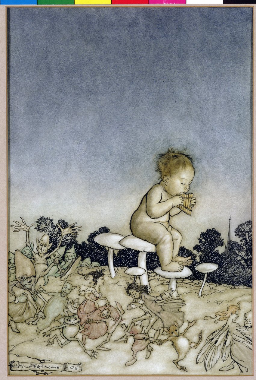 Pán Péter a Tündérek Zenekara, Pán Péter illusztrációja a Kensington Gardens-ben, J. M. Barrie, 1806 (toll, tinta és WC papíron) alkotó: Arthur Rackham