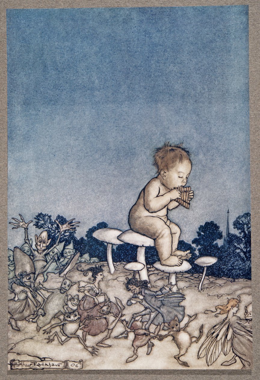 Peter Pan a tündérek zenekara, a Kensington Gardensben található Peter Pan-től, J M Barrie (1860-1937), pub. 1906 alkotó: Arthur Rackham