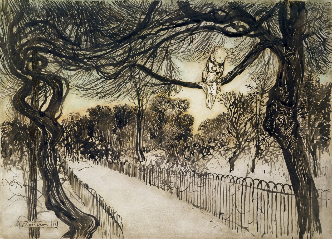 Pán Péter egy ágon, jelenet Pán Péterből a Kensington Gardensben, J. M. Barrie, 1912 (toll, tinta és wc) alkotó: Arthur Rackham
