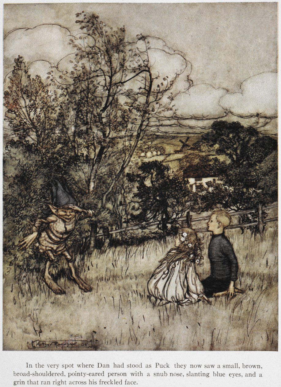 Puck megjelenik Dannek és Unának. A Sussex-i dombokon játszódó történet. alkotó: Arthur Rackham