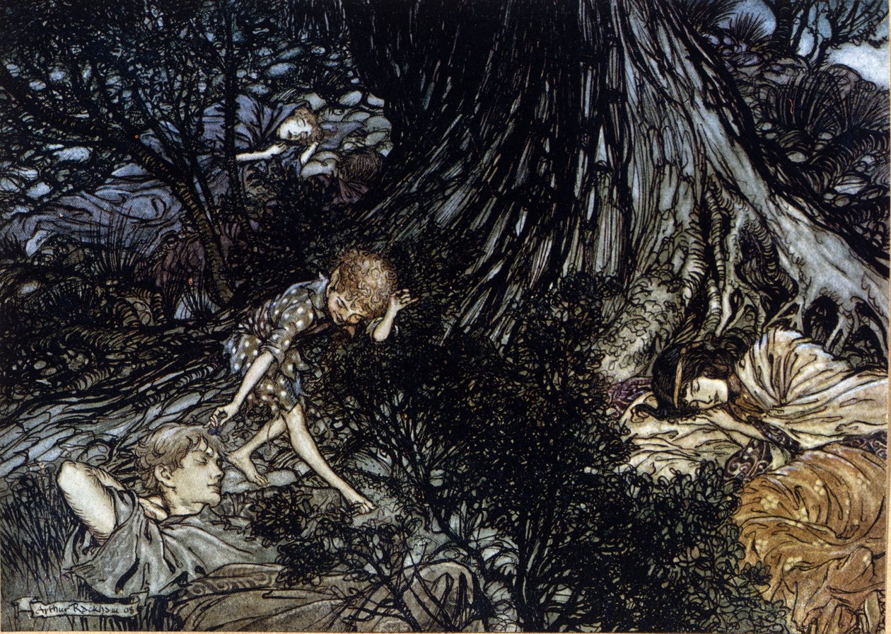 Puck varázsszűrőt helyez az alvó karakterek szemhéjára. Illusztráció: Arthur RACKHAM (1867-1939) William SHAKESPEARE: Egy nyári éjszaka álmához alkotó: Arthur Rackham