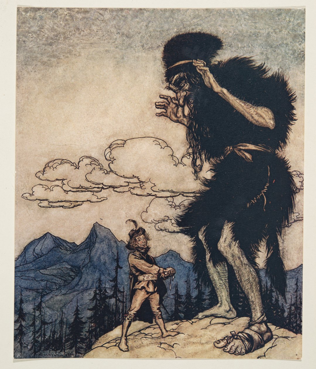 Kihúzta a zsebéből a puha sajtdarabot, és addig nyomta, amíg a nedvesség el nem fogyott.. A Grimm testvérek tündérmeséiből, kocsmából. 1909 alkotó: Arthur Rackham