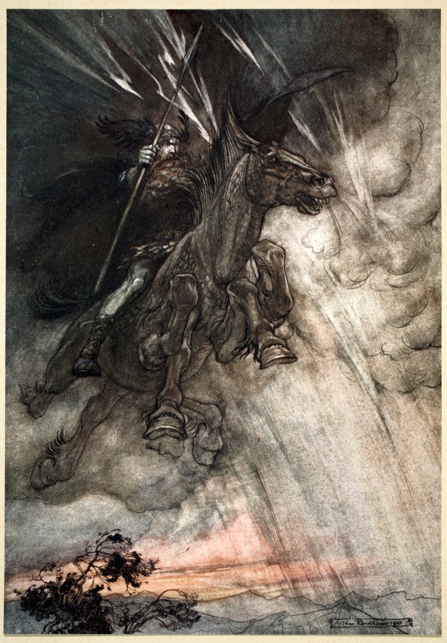 „Dühöng, Wotan lovagol a sziklára! Úgy jön, mint a viharszél!”, 1910. alkotó: Arthur Rackham