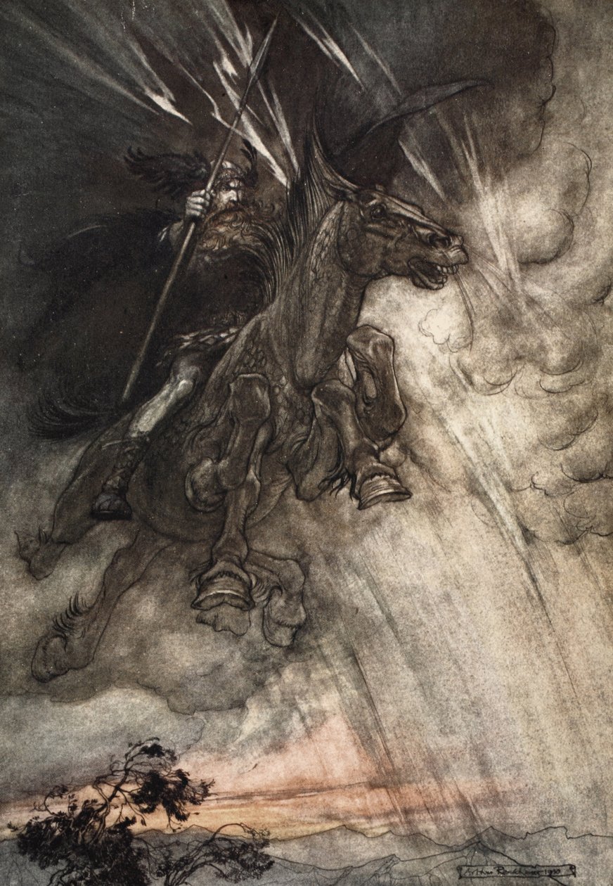 Dühöngő, Wotan Rides to the Rock! Viharszélként jön!, a „The Rhinegold and the Valkyrie” frontoldala alkotó: Arthur Rackham