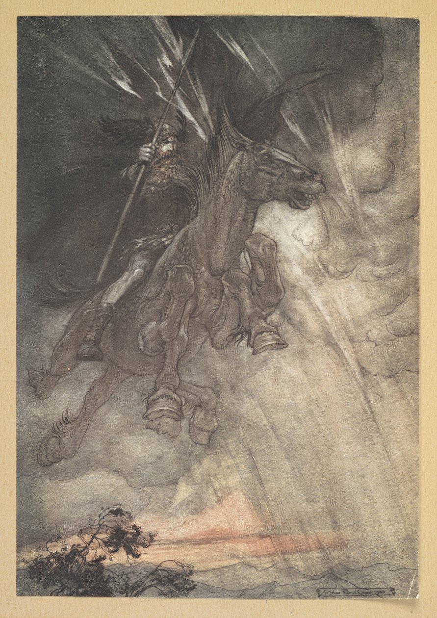 "Dühöngve, Wotan a Sziklára lovagol! Mint viharszél jön!" alkotó: Arthur Rackham