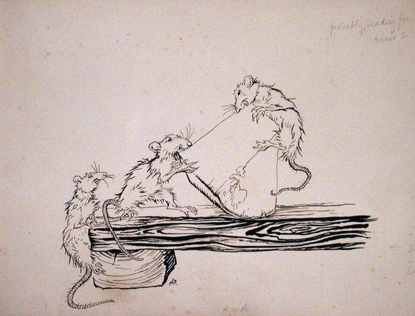 „Patkányok!...egyék ki a sajtot a kádakból!”, illusztráció a „The Pied Piper of Hamelin”-ből, Robert Browning 1934-ben megjelent változata (toll és tinta papíron) alkotó: Arthur Rackham