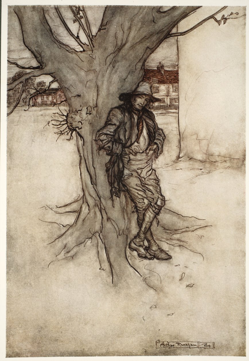 Rips fia, önmaga pontos megfelelője, ahogy felment a hegyre. Rip Van Winkle-től Washington Irvingtől, kocsmából. 1910 alkotó: Arthur Rackham