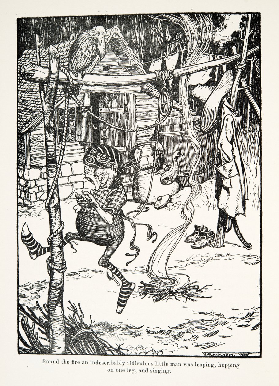 A tűz körül egy leírhatatlanul nevetséges kis ember ugrált, egyik lábán ugrált és énekelt, a Grimm testvérek meséiből, kocsmából. 1909 alkotó: Arthur Rackham