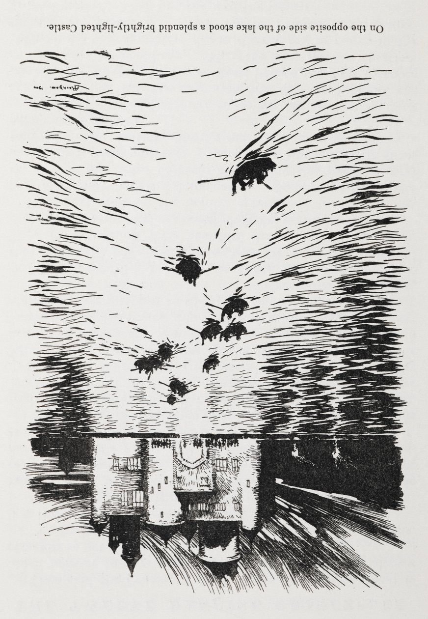 Evezős csónakok a folyón, éjjel egy kastélyhoz közeledve. alkotó: Arthur Rackham
