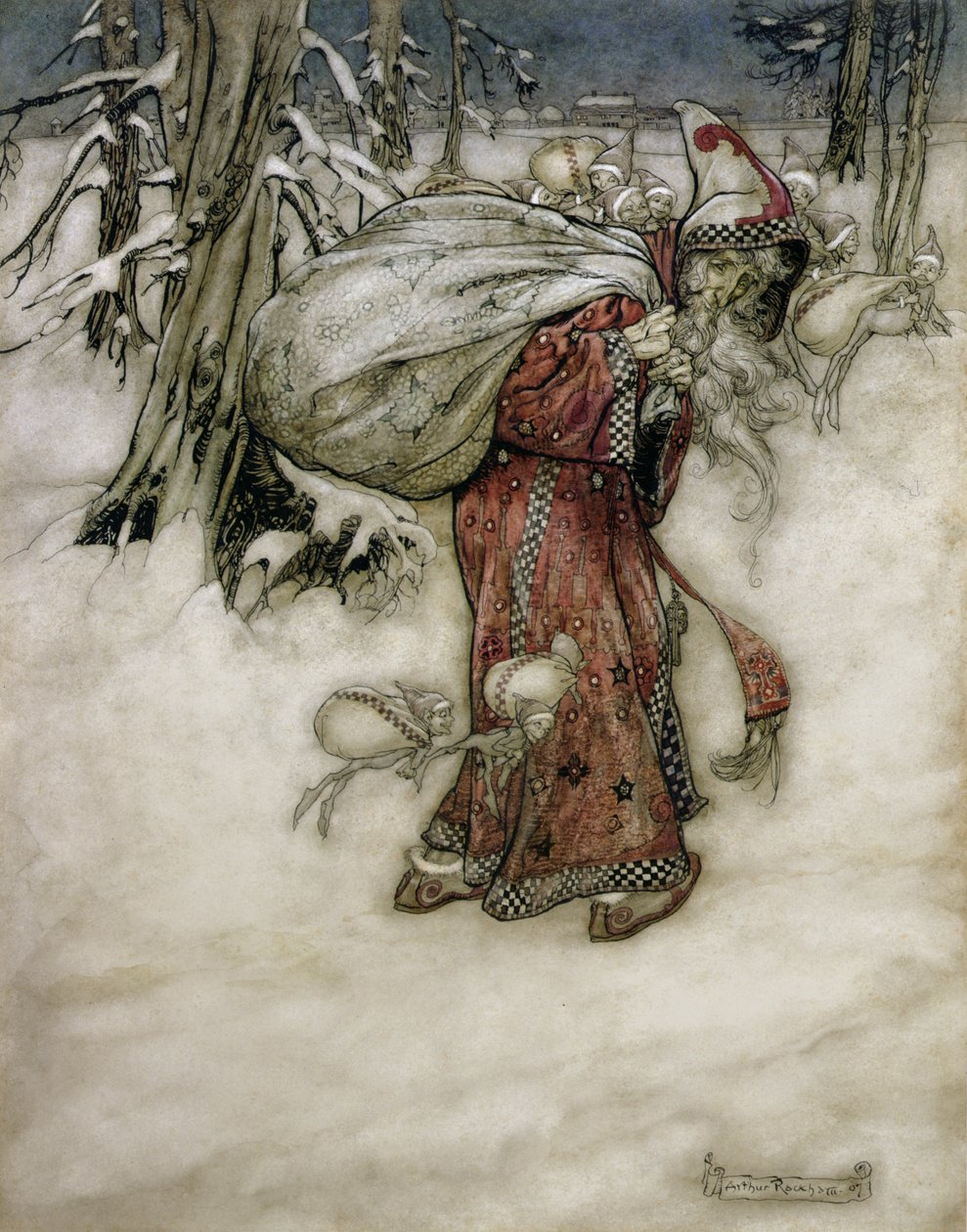 Mikulás, illusztráció az Arthur Rackhams Book of Picturesből, 1907, 1913-ban megjelent (toll, tinta és WC papíron) alkotó: Arthur Rackham