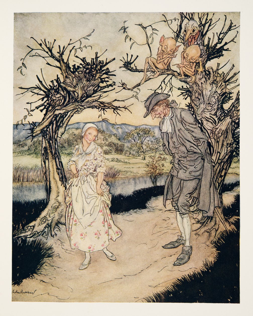 Séta közben az alkonyatban…, The Legend of Sleepy Hollow, Washington Irving (1783-1859), kocsma. 1928 alkotó: Arthur Rackham