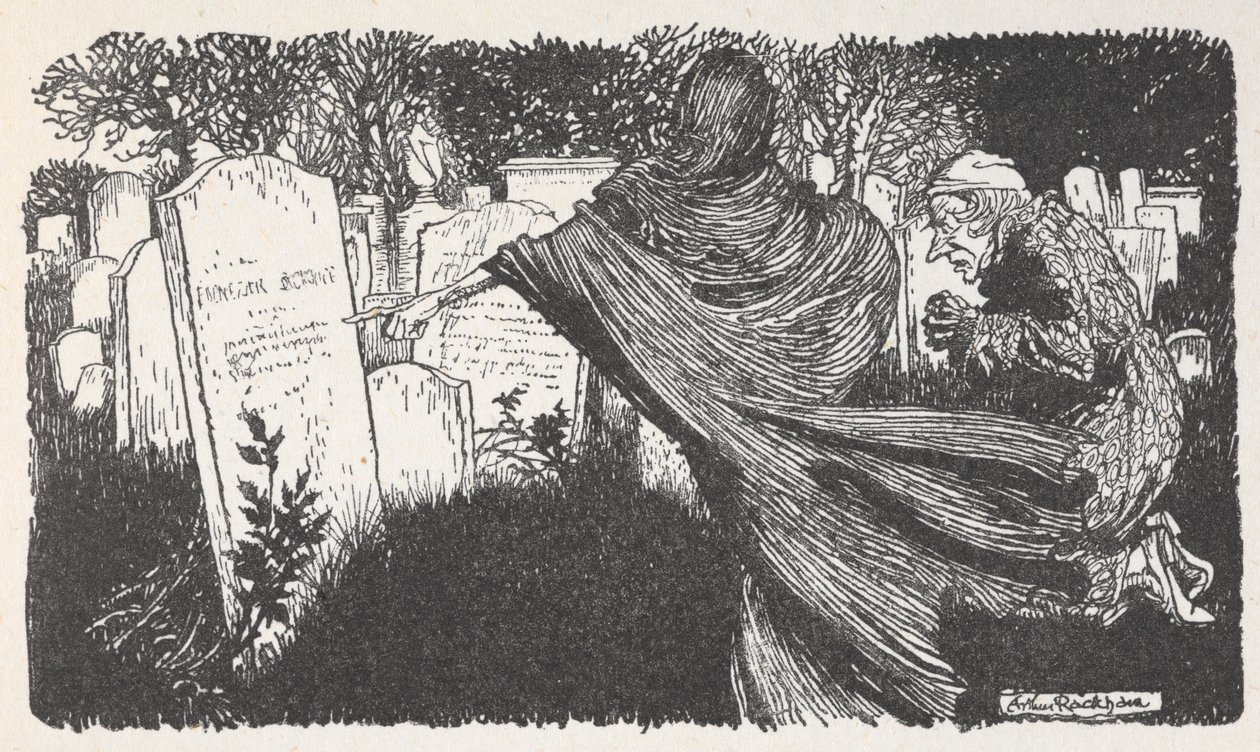 Scrooge és egy szellem a temetőben éjjel. alkotó: Arthur Rackham