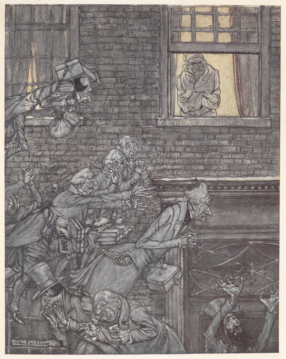 Scrooge az ablakánál, és szellemeket figyelt az utcában alkotó: Arthur Rackham