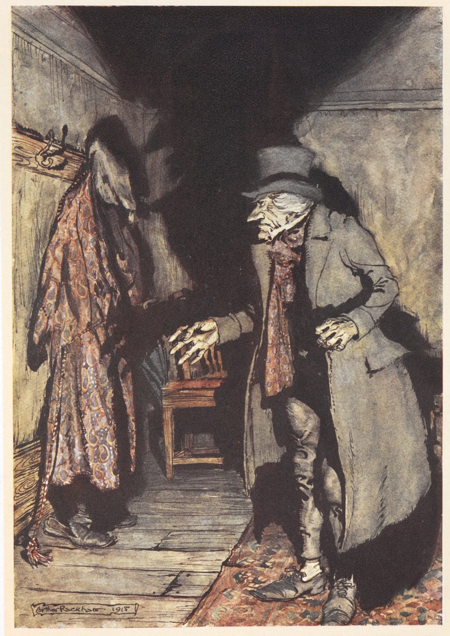 Scrooge a házában éjszaka alkotó: Arthur Rackham
