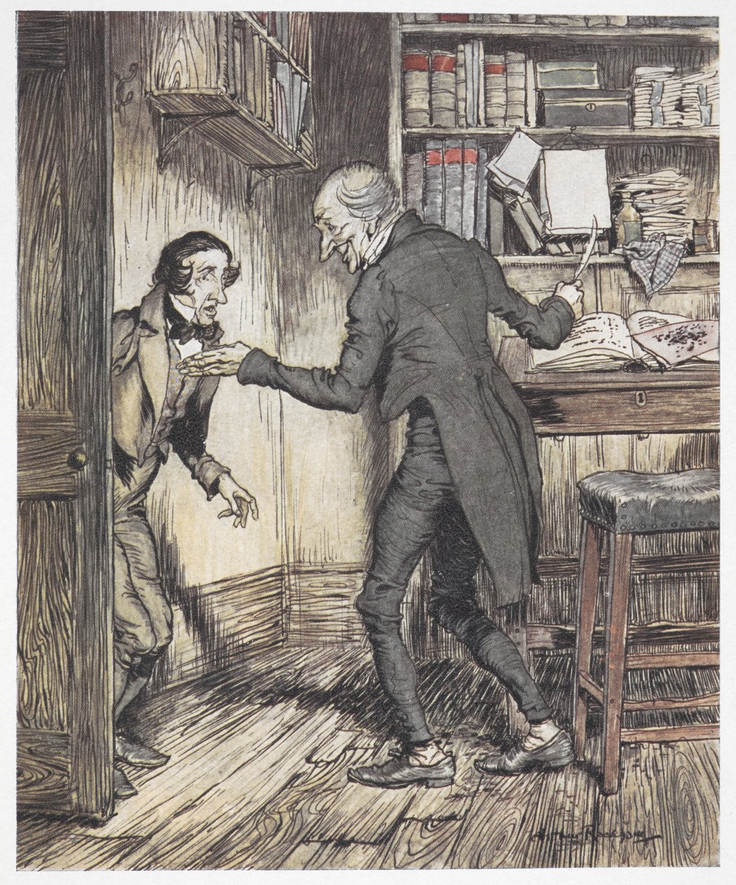 Scrooge ír az irodájában, miközben egy másik férfi lép be alkotó: Arthur Rackham