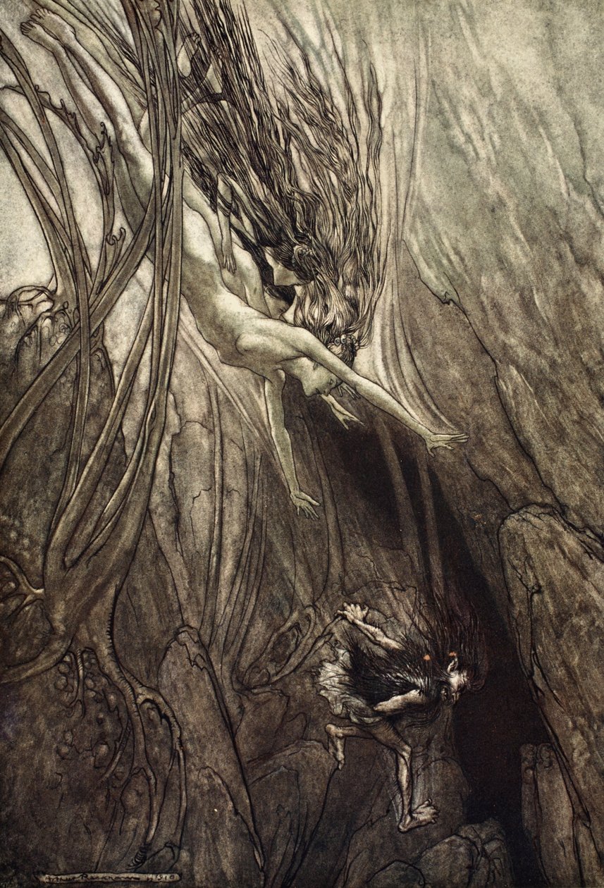 Ragadd meg a depoilert! Mentsd meg az aranyat! Segíts nekünk! Segíts nekünk! Jaj! Jaj!, illusztráció a „The Rhinegold and the Valkyrie”-ből, 1910 alkotó: Arthur Rackham
