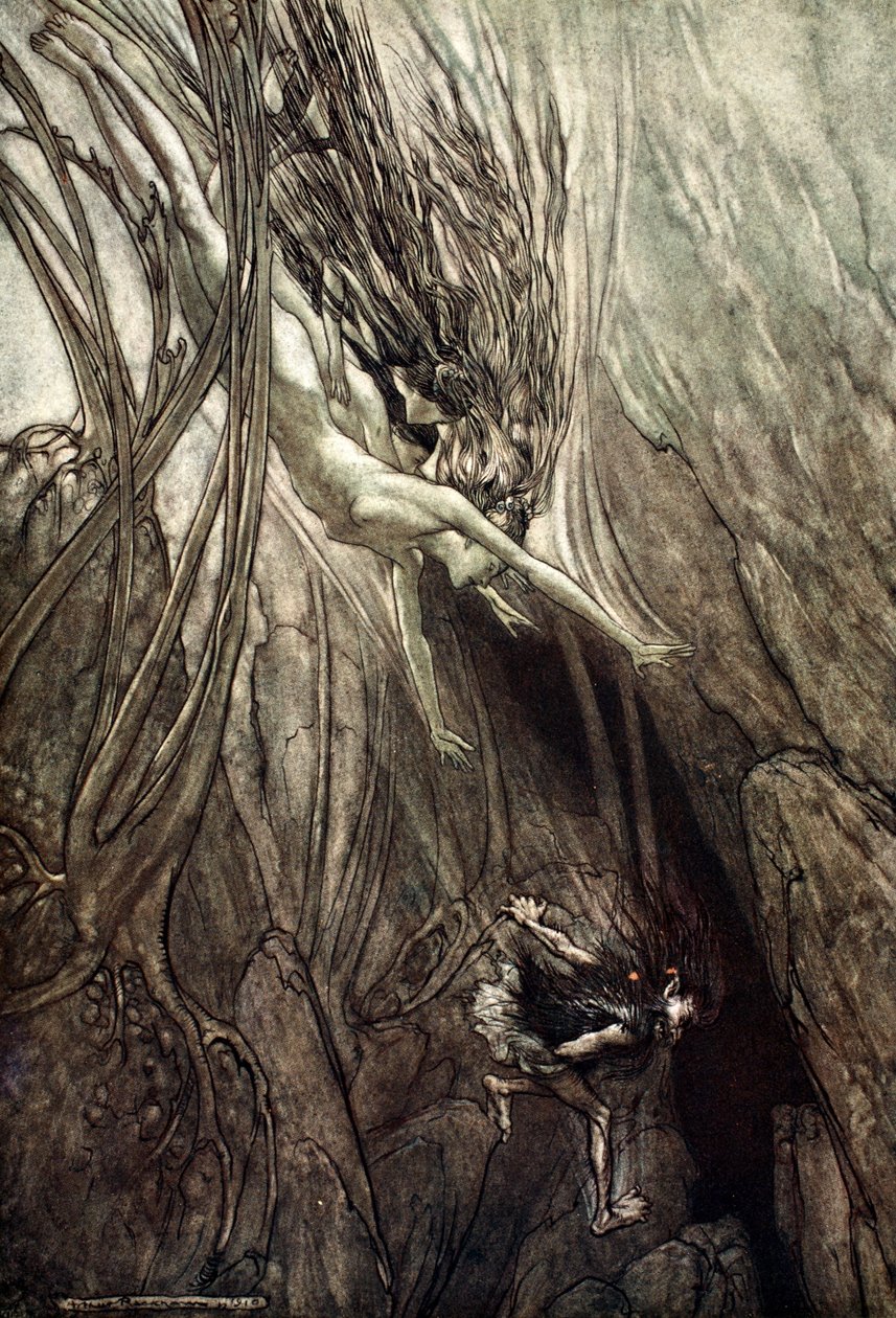 – Ragadd meg az elrontót! Mentsd meg az aranyat! Segíts nekünk! Segíts nekünk! Jaj! Jaj!”, 1910. alkotó: Arthur Rackham