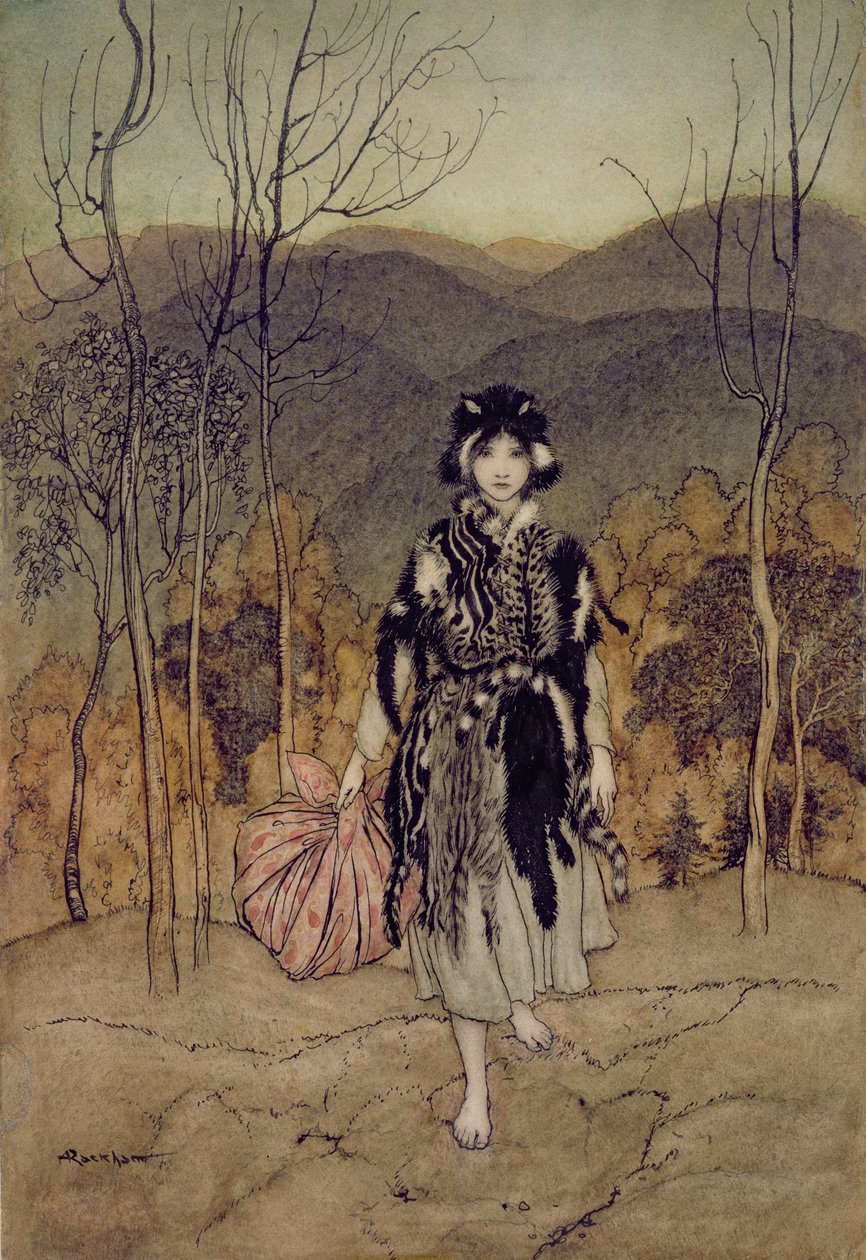 A She Went Along, and Went Along és a Went Along Macskabőr, illusztráció az angol tündérmesékből, újra elmesélte F.A Steel, 1918 (toll és tinta, wc) alkotó: Arthur Rackham