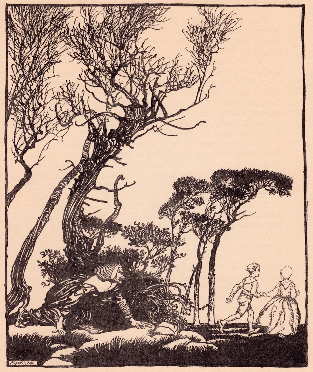 Titokban utánuk lopódzott, ahogy a boszorkányok szoktak. Illusztráció: Arthur Rackham a Grimm tündérmese Kistestvér és kistestvér c. alkotó: Arthur Rackham