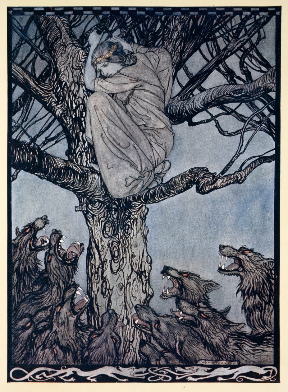 Dühös jajjal nézett az alatta feszülő és vicsorgó hordára, illusztráció James Stephens „Irish Fairy Tales” című művéből. alkotó: Arthur Rackham