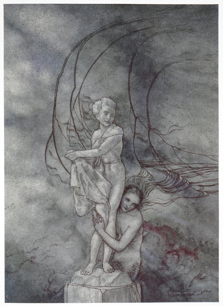 – Átkarolta a márványfigurát, amely olyan volt, mint a herceg. Illusztráció a történethez, "a kis sellő". alkotó: Arthur Rackham