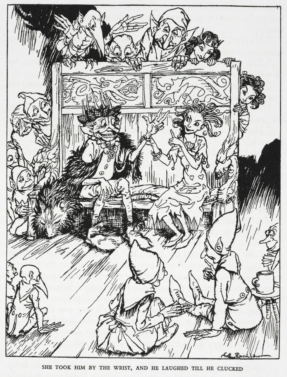 – Megfogta a csuklójánál fogva, ő pedig addig nevetett, amíg meg nem kopogott. Elfinlányok és goblinok. Illusztráció: "az elfin domb". alkotó: Arthur Rackham