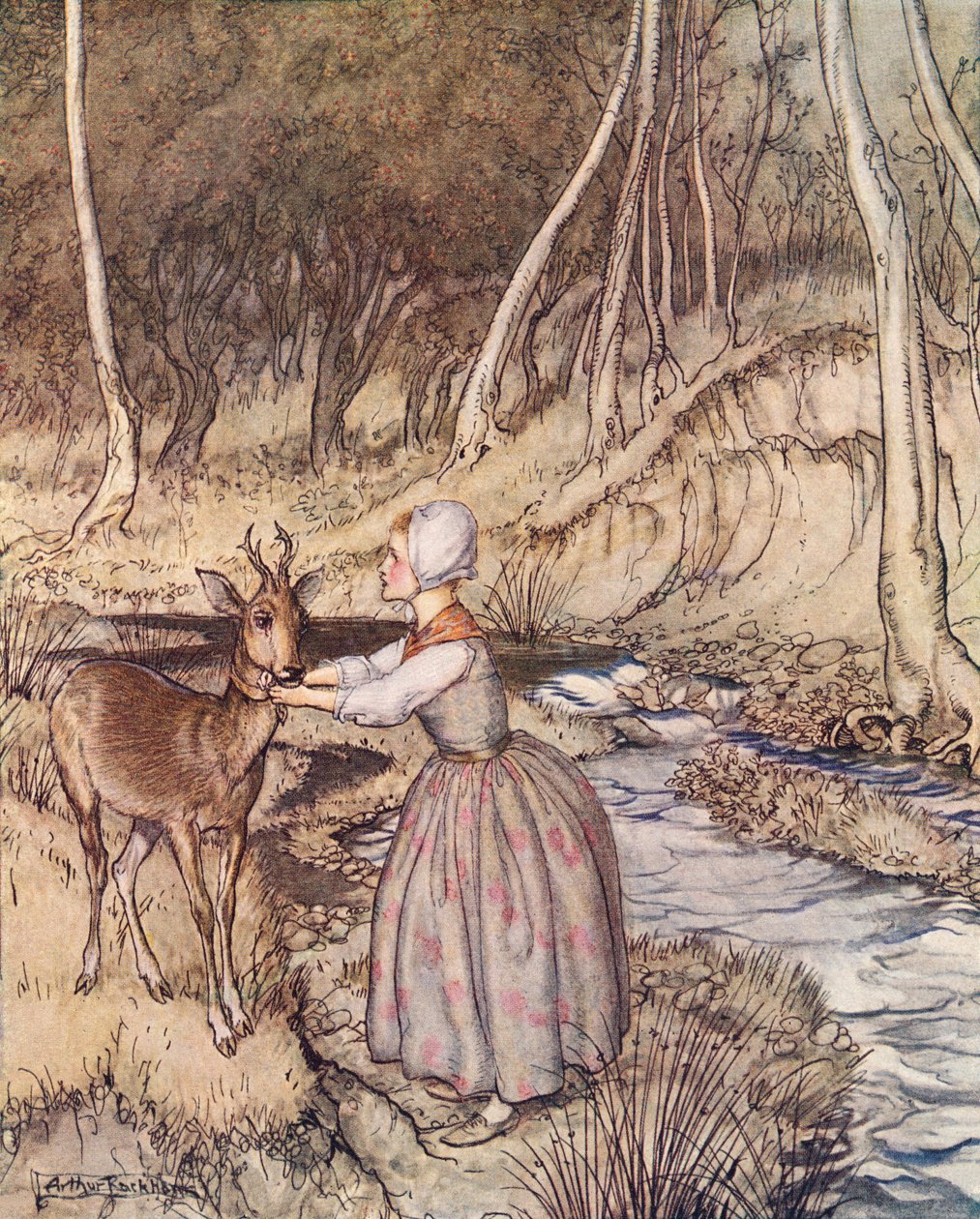 Levette arany harisnyakötőjét, és az őzike nyakába tette. Illusztráció: Arthur Rackham a 19. század végén megjelent Grimm meséjéből, a kistestvér és a kistestvér. alkotó: Arthur Rackham