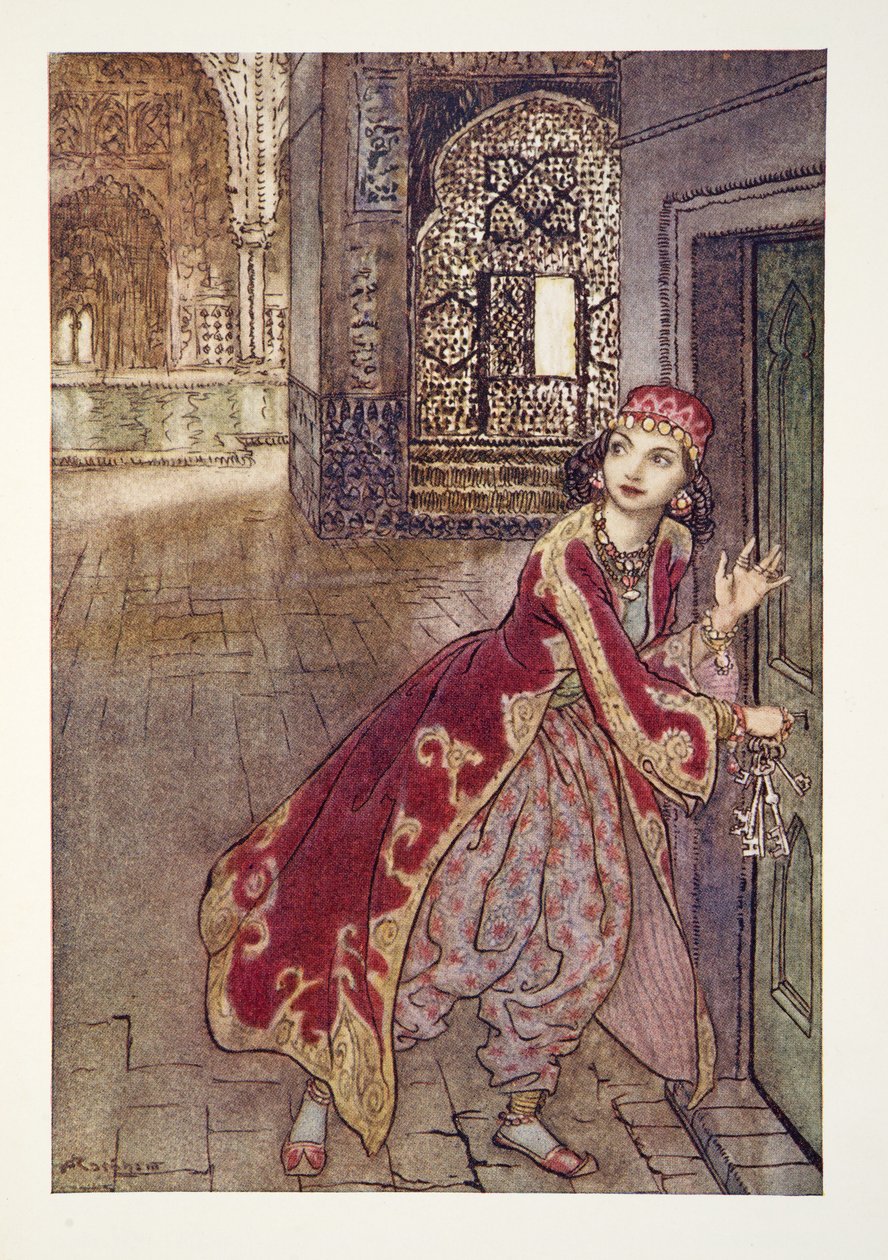 Aztán elvette a kis kulcsot, és remegve kinyitotta az ajtót a The Arthur Rackham Fairy Book kocsmából. 1933 alkotó: Arthur Rackham