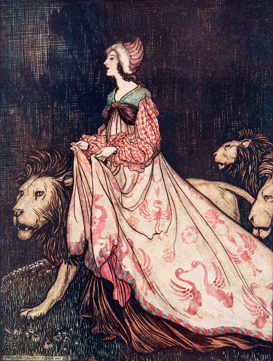 Elment az Oroszlánokkal, a Grimm testvérek tündérmeséiből, a kocsmából. 1909 alkotó: Arthur Rackham