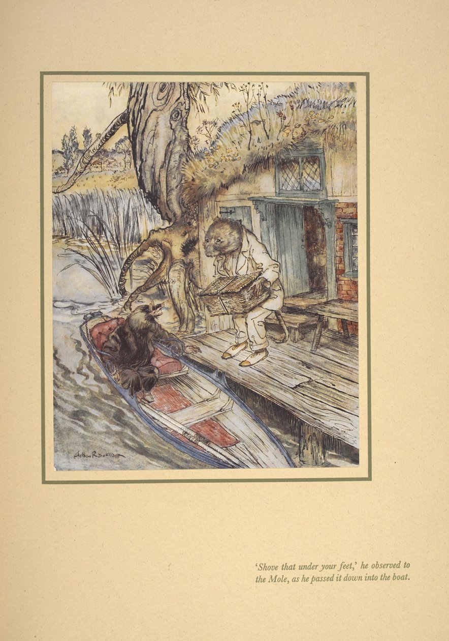 „Dold be a lábad alá” – figyelte (Ratty) a vakondot, miközben leengedte a csónakba. alkotó: Arthur Rackham