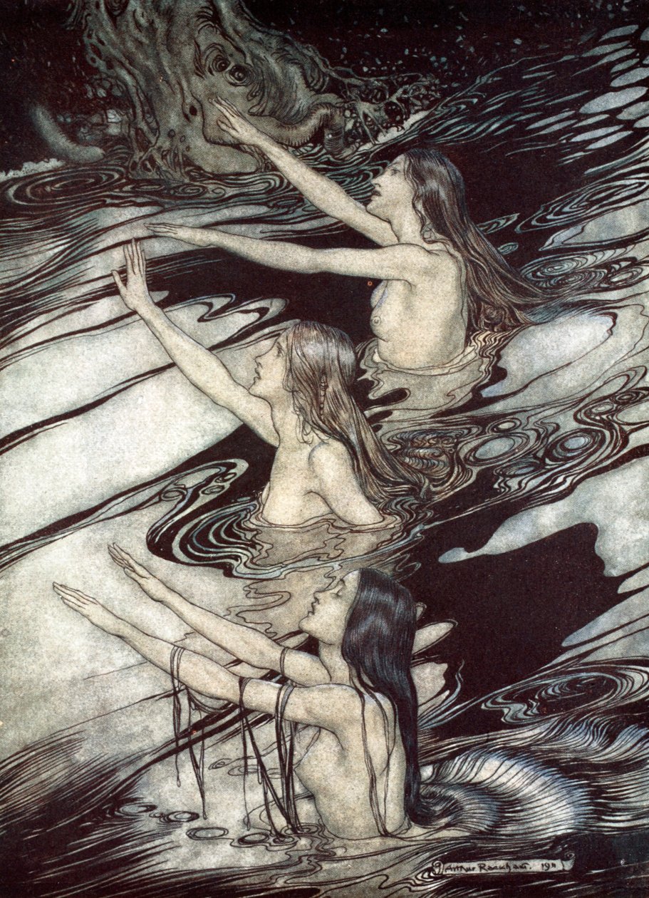 – Siegfried! Siegfried! Figyelmeztetésünk igaz: menekülj, ó, menekülj az átok elől!”, 1924. alkotó: Arthur Rackham