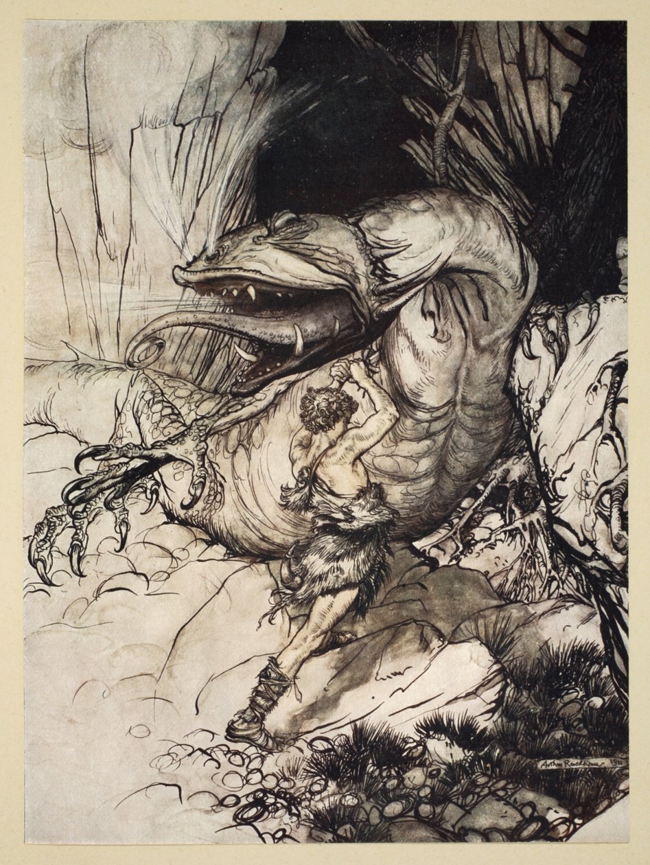 Siegfried megöli Fafnert, illusztráció a "Siegfried és az istenek alkonya" című filmből, 1924 alkotó: Arthur Rackham