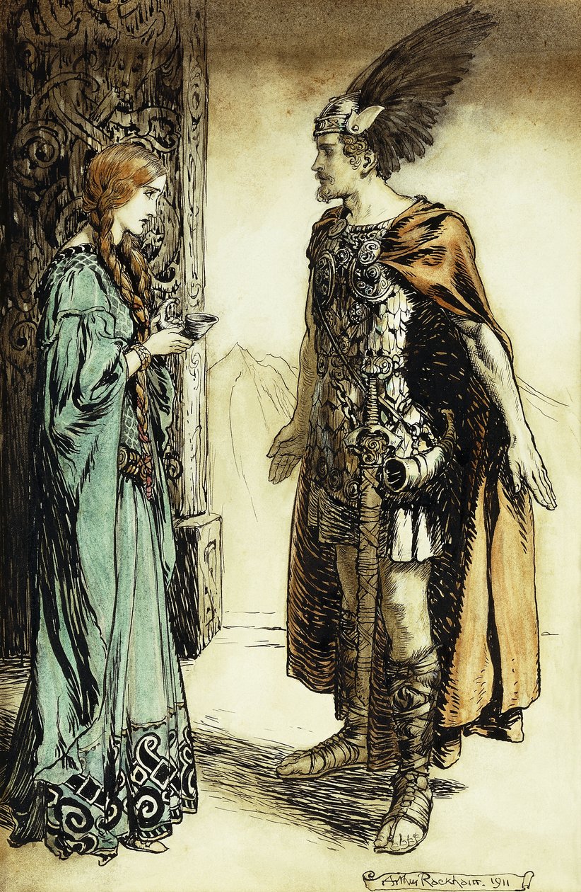 Siegfried találkozik Gutrune-nal: Az istenek alkonya, 1911 alkotó: Arthur Rackham