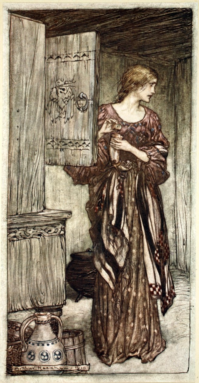 "Sieglinde elkészíti Hunding tervezetét az éjszakára", 1910. alkotó: Arthur Rackham