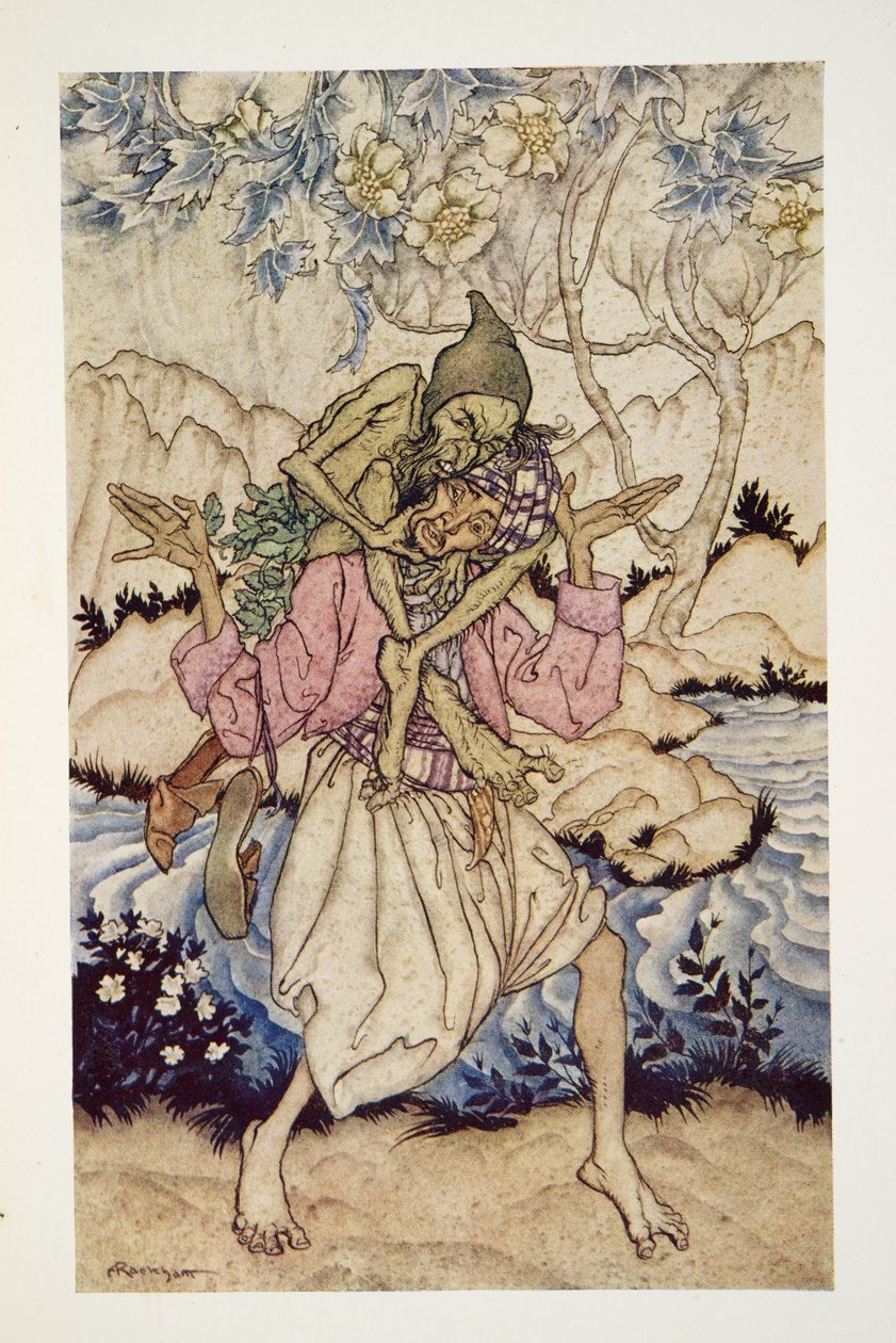 Szindbád a vállán vitte a Tenger Öregét, a The Arthur Rackham Fairy Book kocsmából. 1933 alkotó: Arthur Rackham