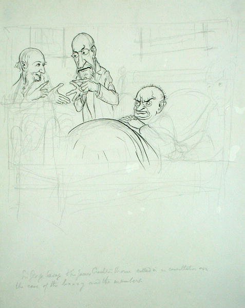 Sir George Savage és Sir James Crichton Browne (1840-1937) egyeztetett a BXXXY és a tagok (toll, tinta és ceruza papíron) ügyében. alkotó: Arthur Rackham