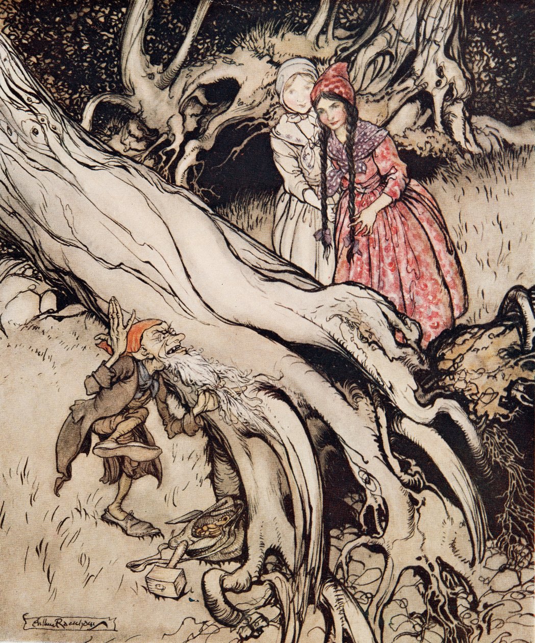 Hófehér és rózsapiros, a Little Brother & Little Sister és a Grimm testvérek egyéb meséiből, pub.1917 (színes litho) alkotó: Arthur Rackham