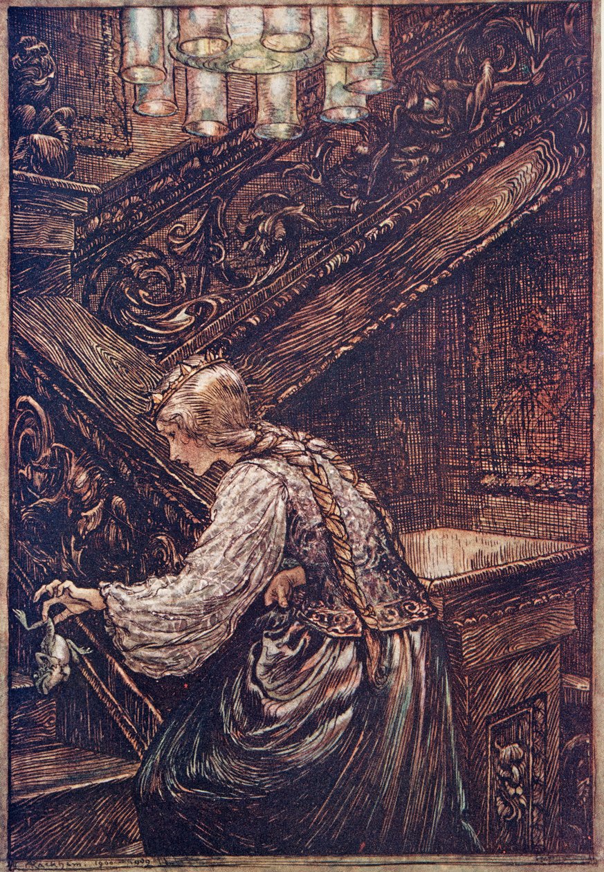 Így hát megragadta két ujjal, és felvitte az emeletre..., a Grimm testvérek meséiből, kocsmából. 1909 alkotó: Arthur Rackham