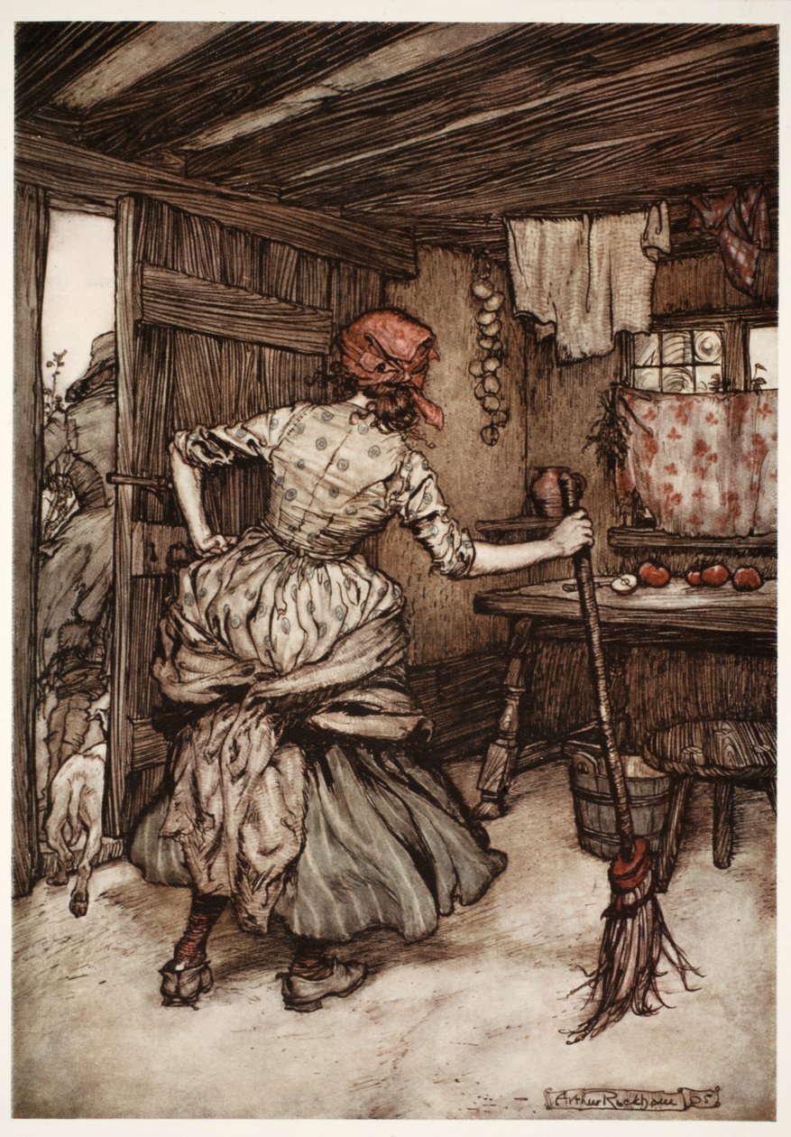 Úgy, hogy alig akarta megvonni az erőit, és kilépni a házból – az egyetlen oldalra, amely valójában a tyúkszemű férjé. Rip Van Winkle-től Washington Irving, kocsma. 1910 ( alkotó: Arthur Rackham