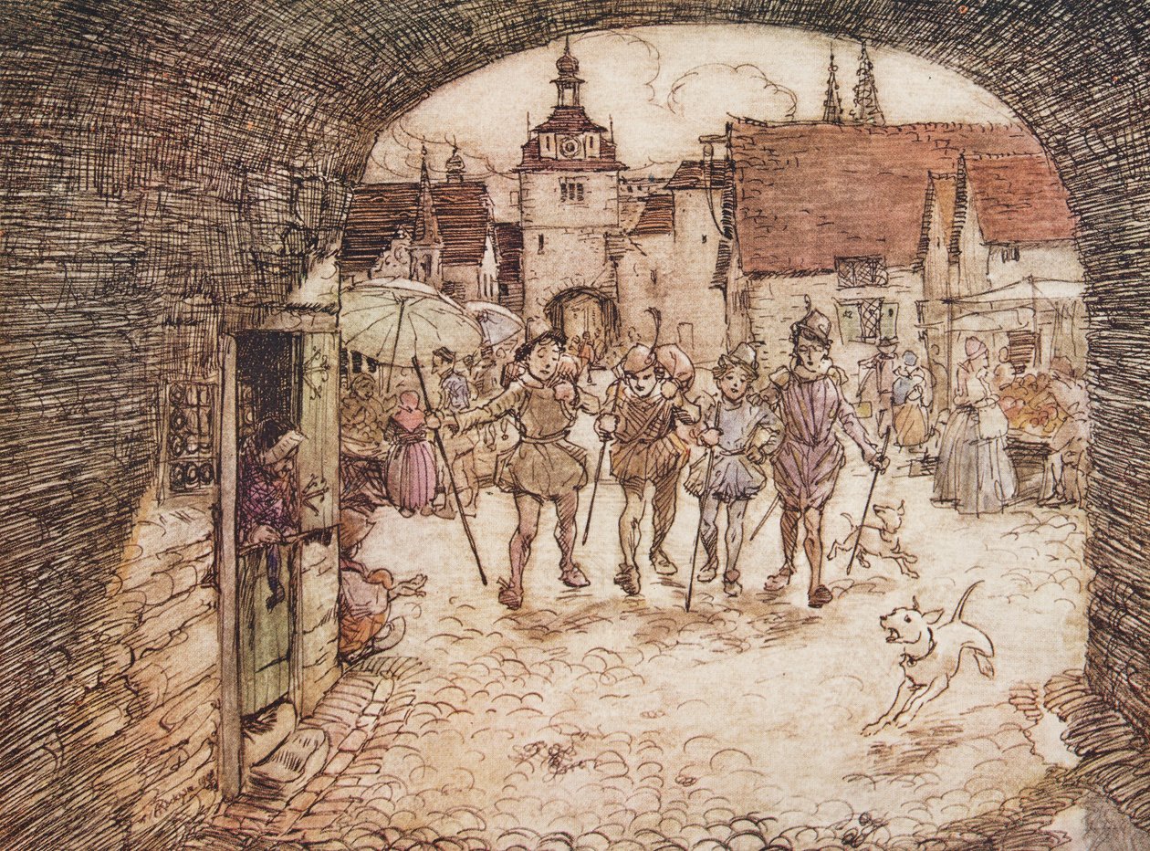 Így hát a négy testvér a kezébe vette a botját, elbúcsúzott apjuktól, és kimentek a város kapuján, a Grimm testvérek meséi kocsmából. 1909 alkotó: Arthur Rackham